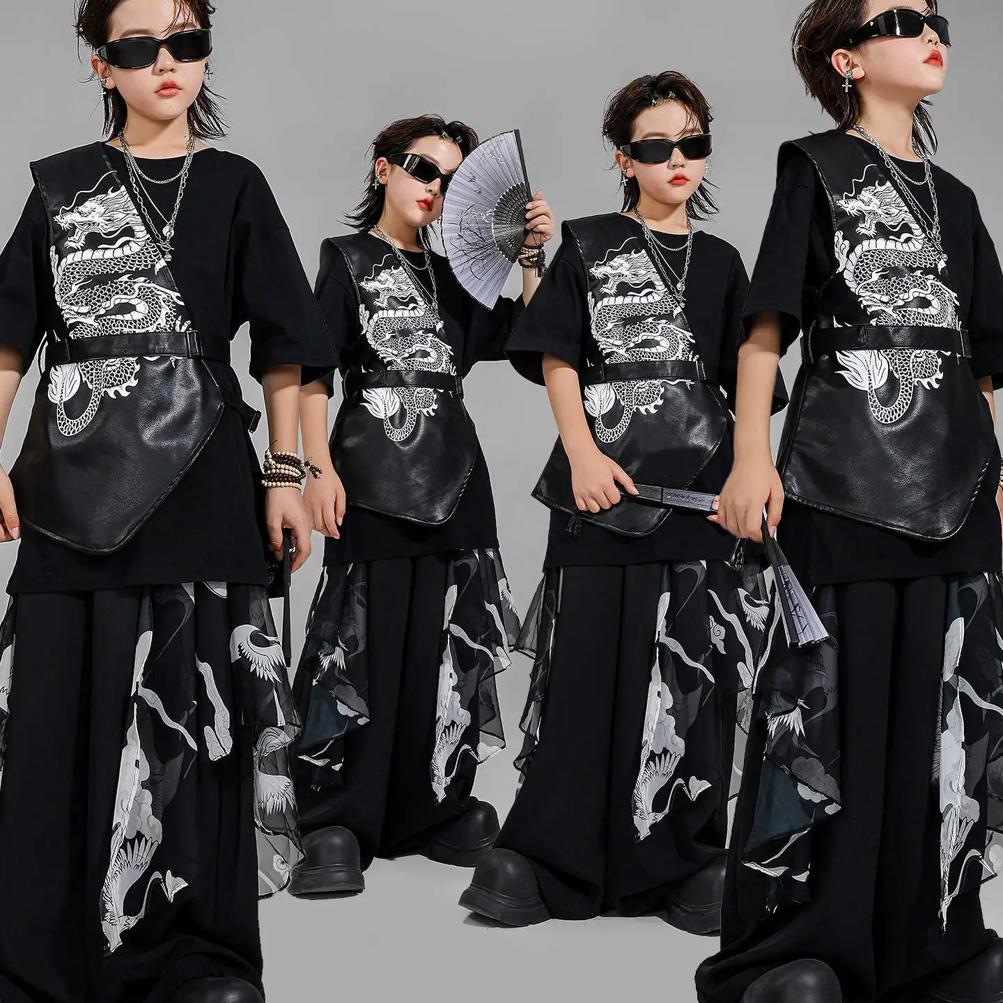 

Kid Chinese Style Wuxia Hip Hop Clothing Black Dragon One Shoulder Vest Casual Wide Leg Pants for Girl Boy Dance Costume Clothes