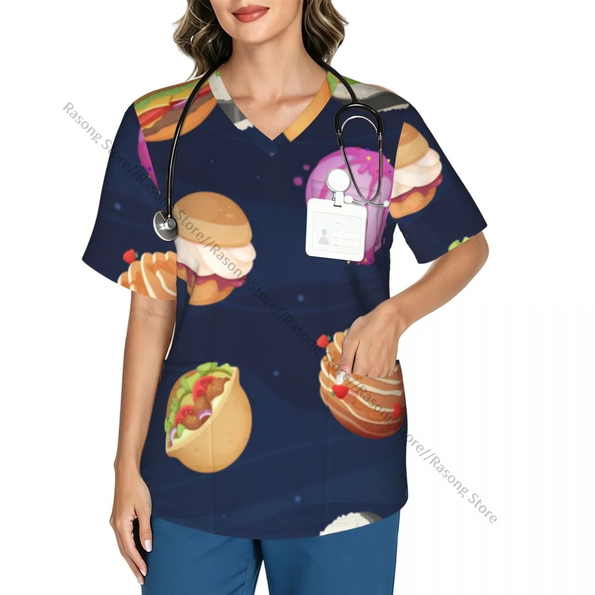 Women's Medical Scrub Top V Neck Short Sleeve Sweets Fast Food Burger Pizza Sushi Stretch Nursing Uniform for Hospital Clinic