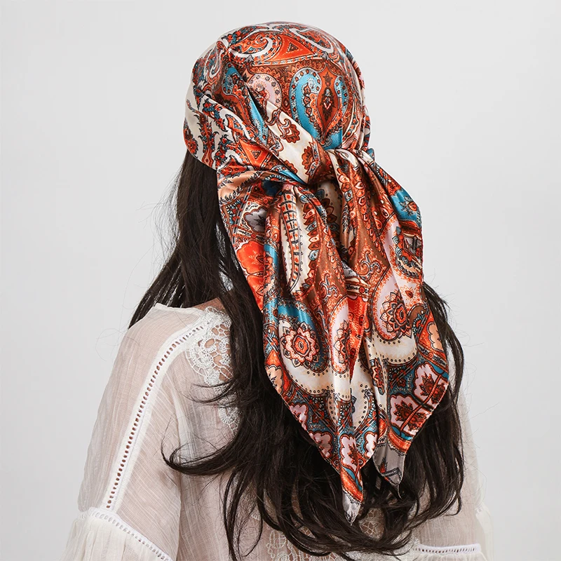 90 cm Platz Silk Schals Frauen Hijab Schals Paisley Cashew Blume Drucken Kopftuch Femme Kopf Schal Foulard Bandana Strand Pareo – Detail 17