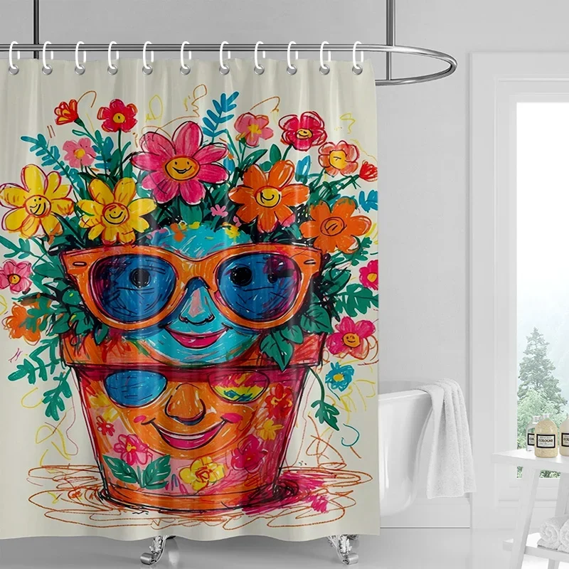 

Занавеска для душа Happy Face с цветочным горшком — синий и оранжевый мультяшный дизайн, водонепроницаемая с люверсами, забавный декор для ванной комнаты