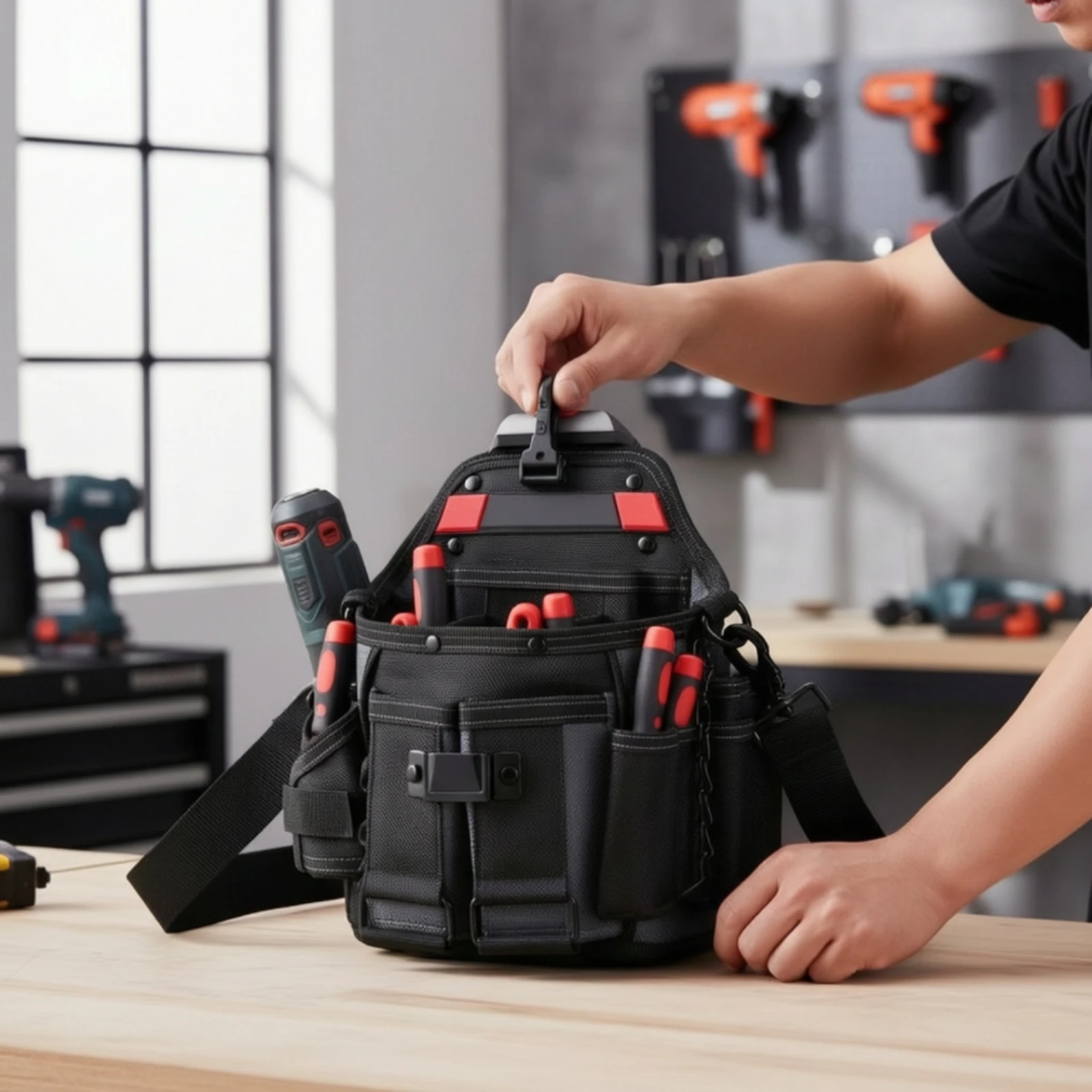 Multi-Pocket Tool Pouch Quick-Hang Tool Pouch with Rear Panel Reinforced Heavy-Duty for Electricians, Electrical Work, Carpentry