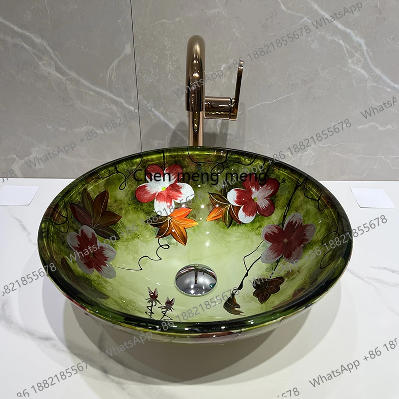 

Hand-painted retro, tempered glass basin in the ancient style, bed and breakfast, basin