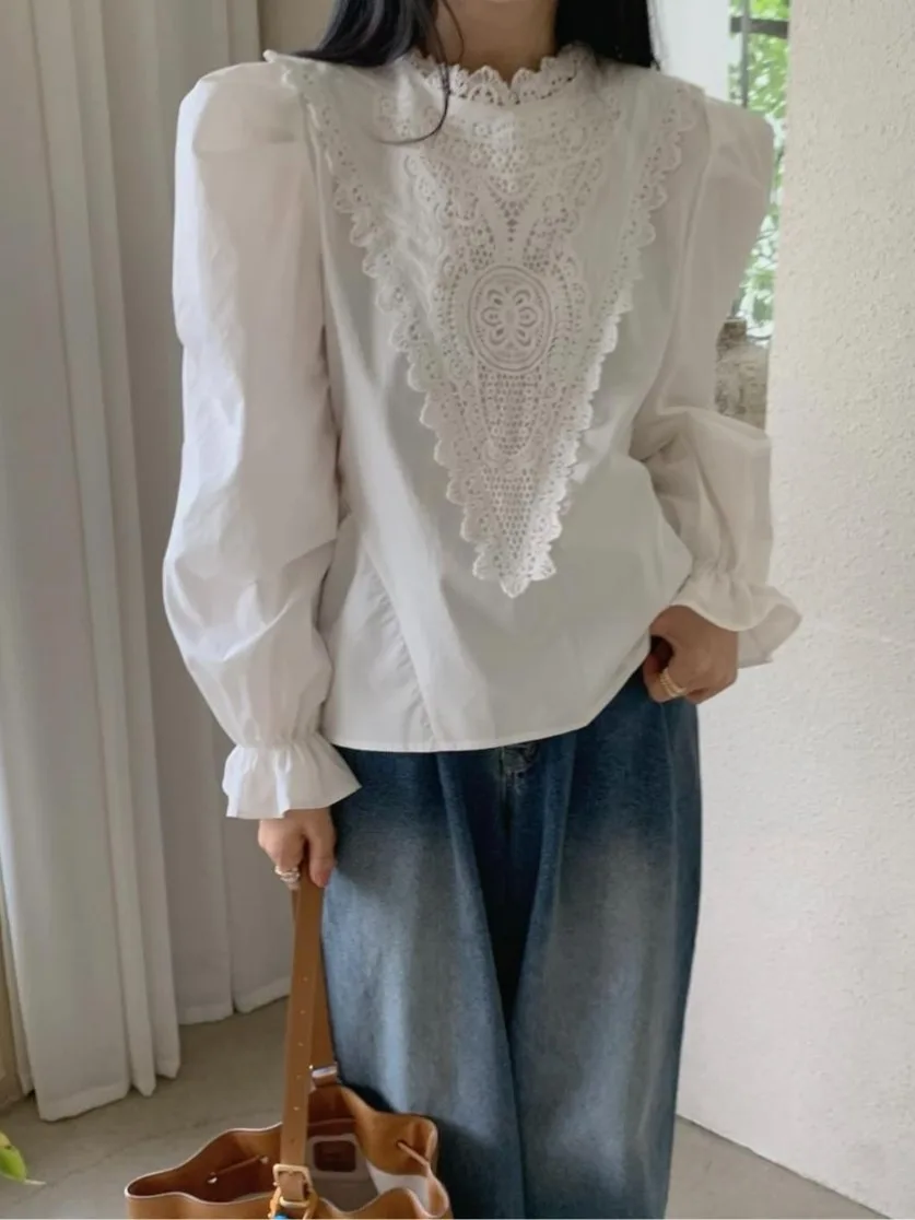 Long Sve Lace Splice Bubble Sve irt Women's Overhead Sle Dongda Gate 24 Autumn Slimming Top Commute Sle Pure Color