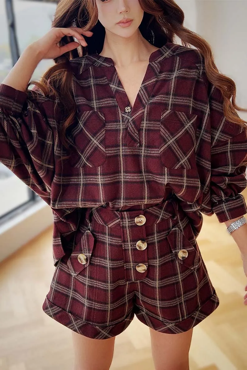 Spring Plaid Short Gingham Pockets Button Wide-Leg Pants Women's Pants Casual Empire Trousers Y2K 2025 New DABUWAWA DM2ASP003