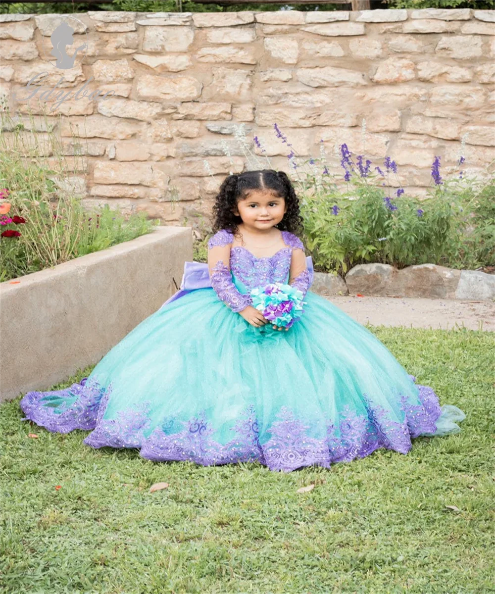 Lavanda apliques vestidos da menina de flor arco fofo tule aniversário concurso casamento banquete beleza concurso primeira comunhão