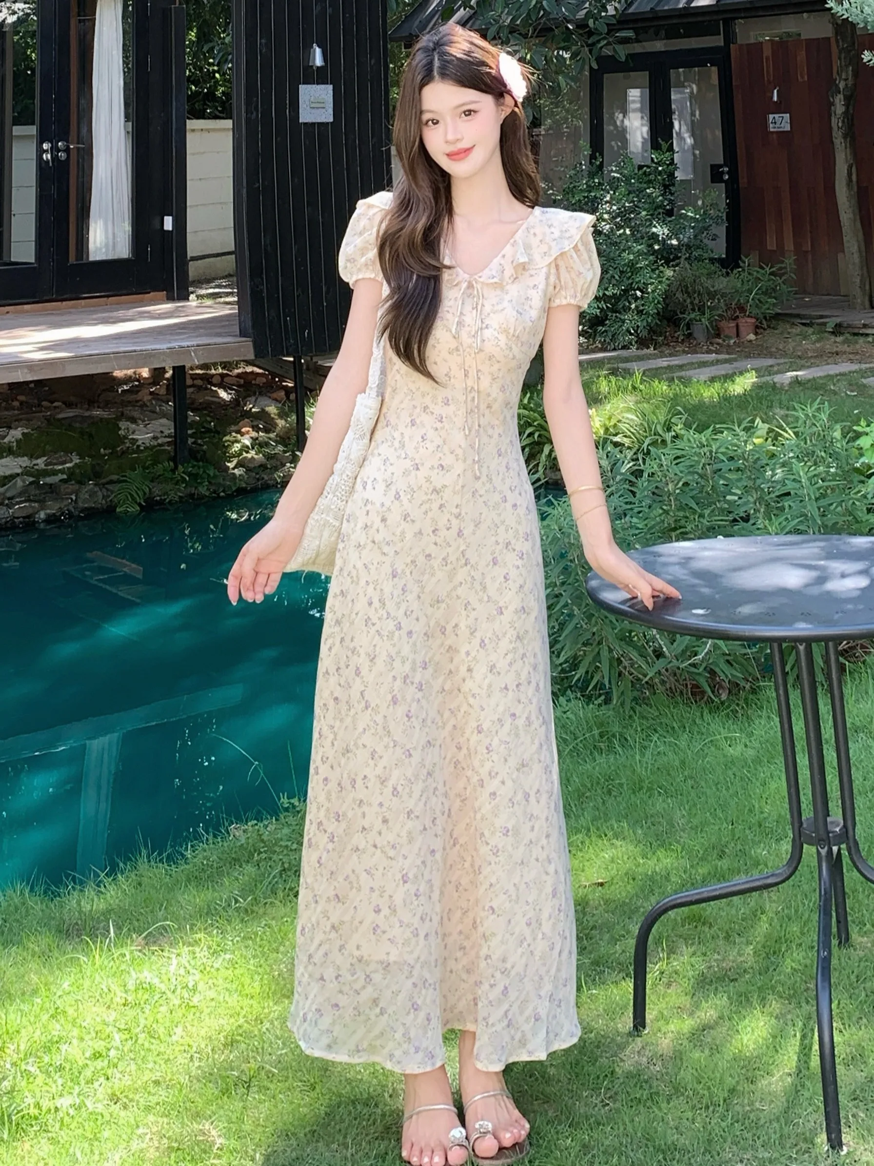 

plus Size Floral Print A-Line Dress with Pleated Hem Bubble Sleeves Slimming Waist Design Summer New Style Korean Commute Style