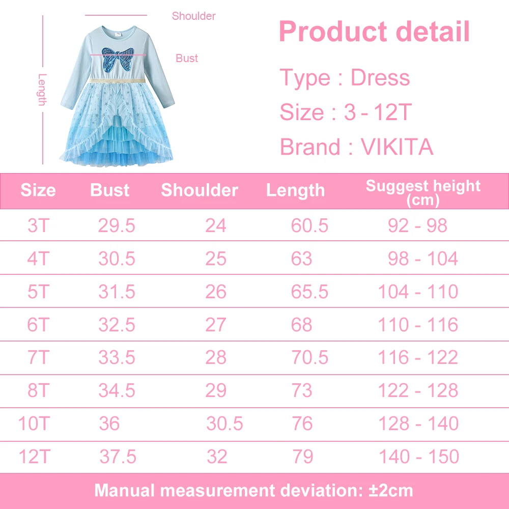 VIKITA Hellblaues Langarmkleid für Mädchen mit funkelnder Paillettenschleife, Kinder-Glitzer-Stern-Tüll-Mesh-Schicht-Prinzessinnen-Tutu-Kleider – Detail 1