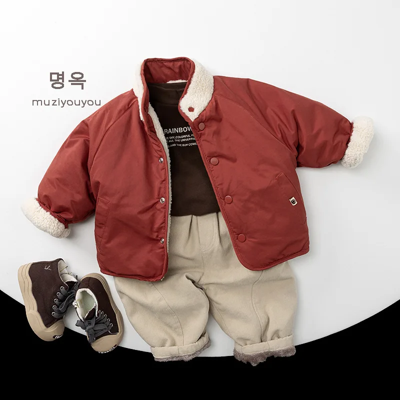 2026 Winter New Children Double Sided Jacket Long Sleeve Boys Girls Plus Velvet Thick Coat Solid Kids Lamb Fleece Padded Jacket