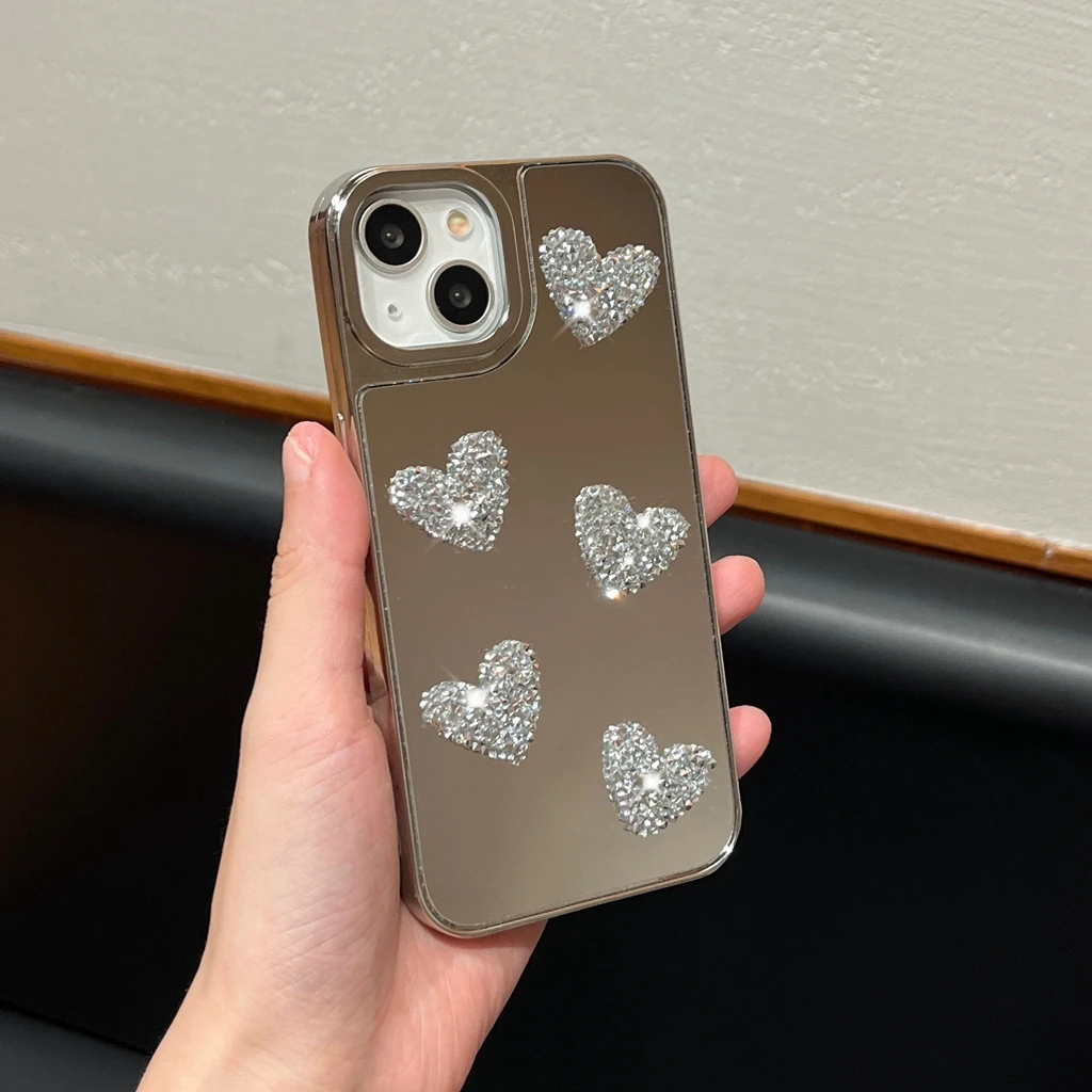 Ins Stylish Stereoscopic Rhinestone Love Mirror Film Shockproof Protective Cover Case For iPhone 15 14 13 12 11 Pro Max