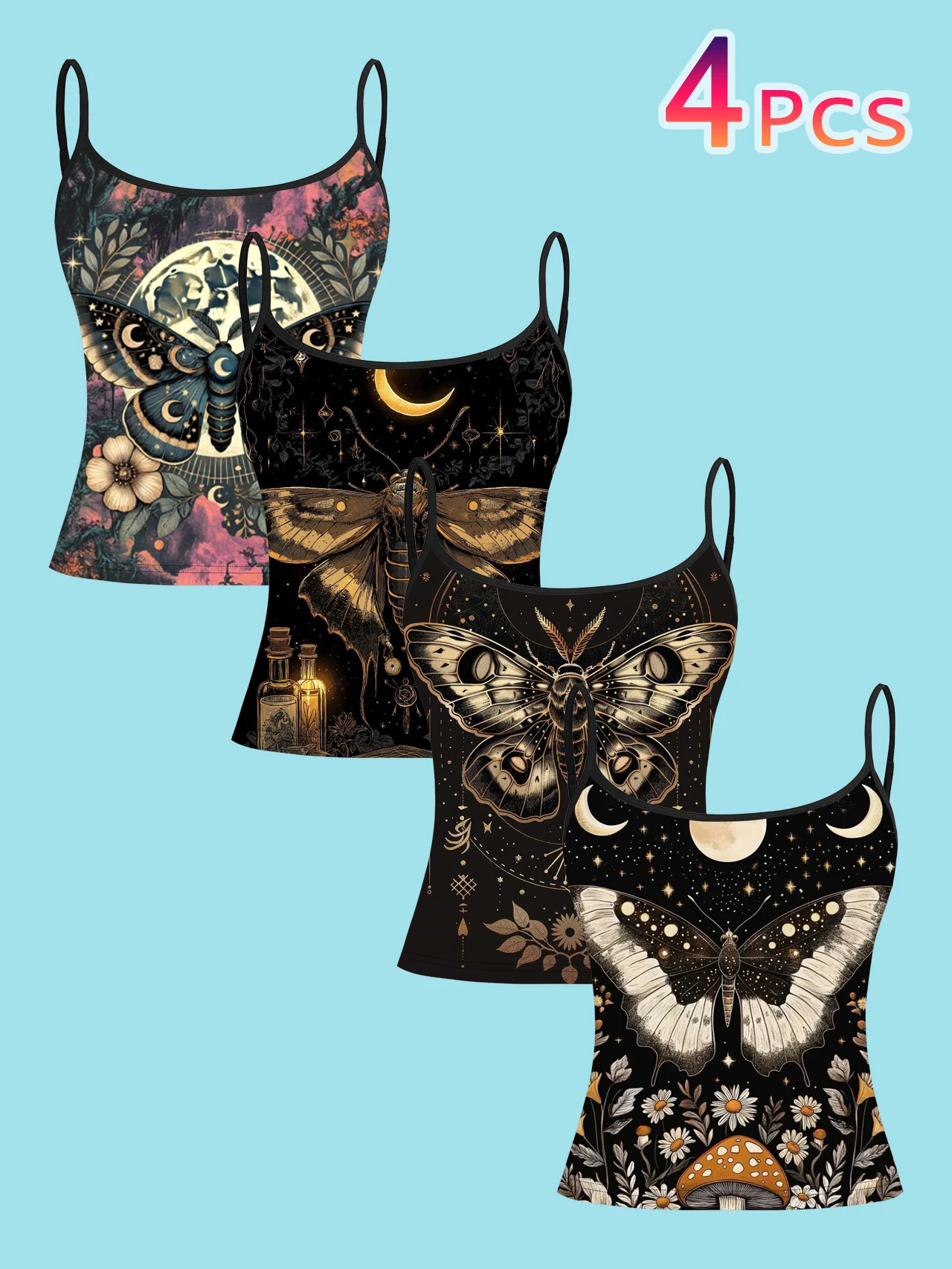 4-Piece Set of Women's Vintage Dark Moon Phase Moth Print Camisoles, Gothic Star and Moon Floral Slim-Fit Spaghetti Strap Tops