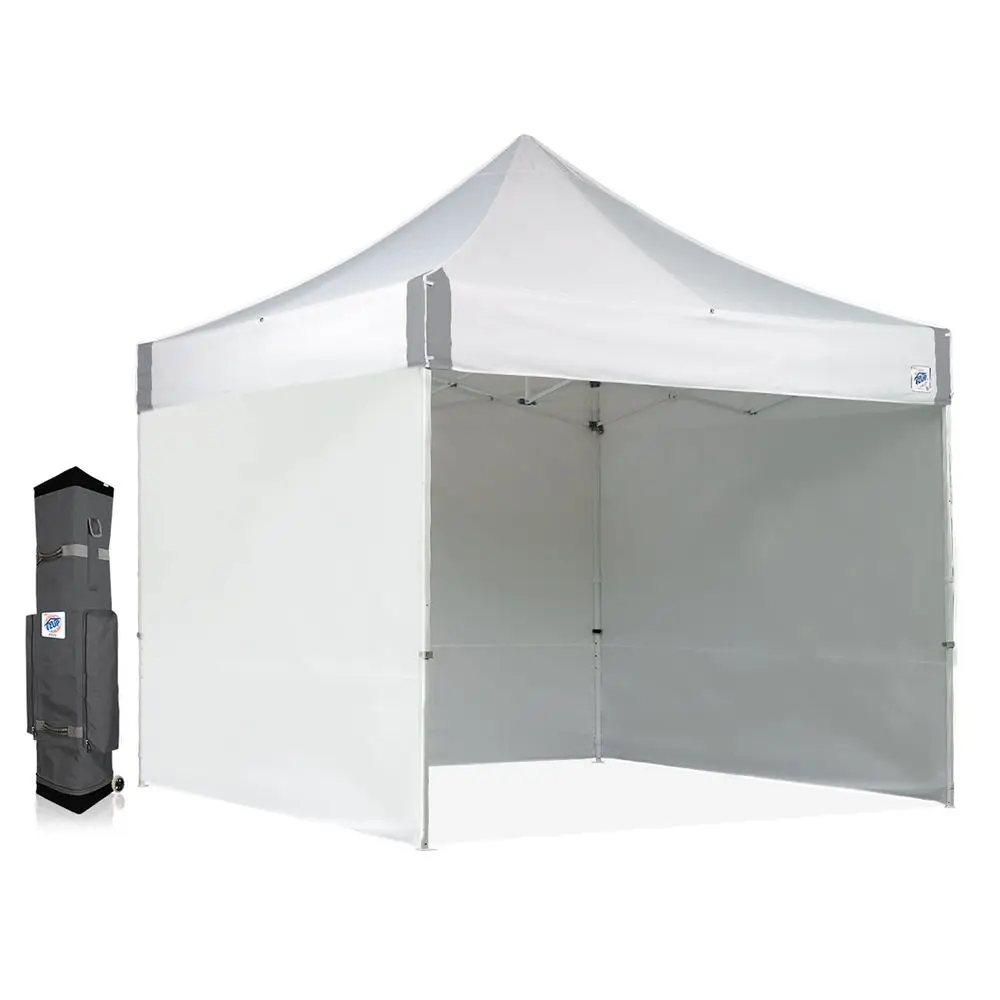 

ES100S Instant Commercial Pop Canopy Tent, 10 x 10 with 3 Sidewalls, 1 MidZip Sidewall and WideTrax Roller Bag, White