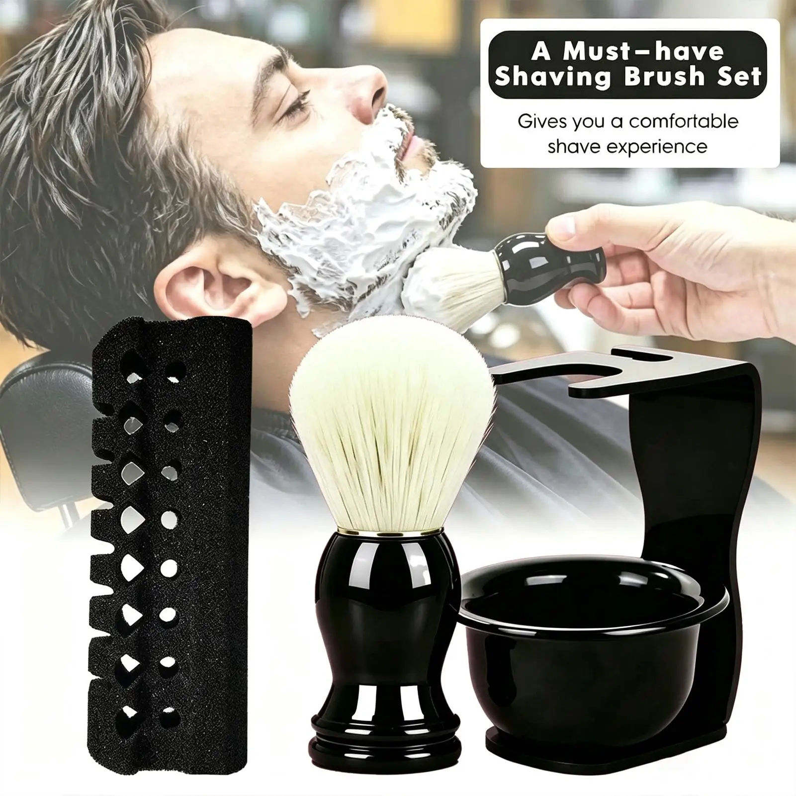 Shaving Brush Kit Manual Lathering Grooming Tool with Bowl and Stand Men's Shaving Kit for Home Salon Travel Business Trip
