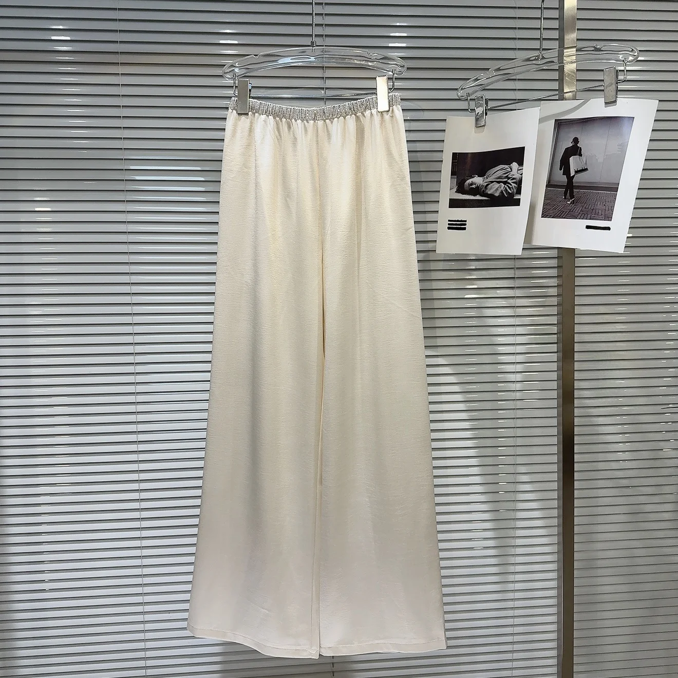 Summer 2025 Trendy Water Diamond Embellied Elastic Waist Lightweight Silk Wide Leg Casual Pants Ele Lady Sle