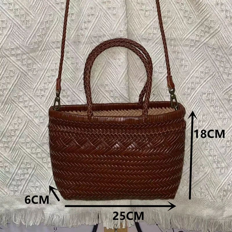 2026 New Cowhide Hand-woven Woven Bag French Retro Vegetable  Bag Crossbody Bag Bucket Bag Beach Bag Daily Use - Handbag