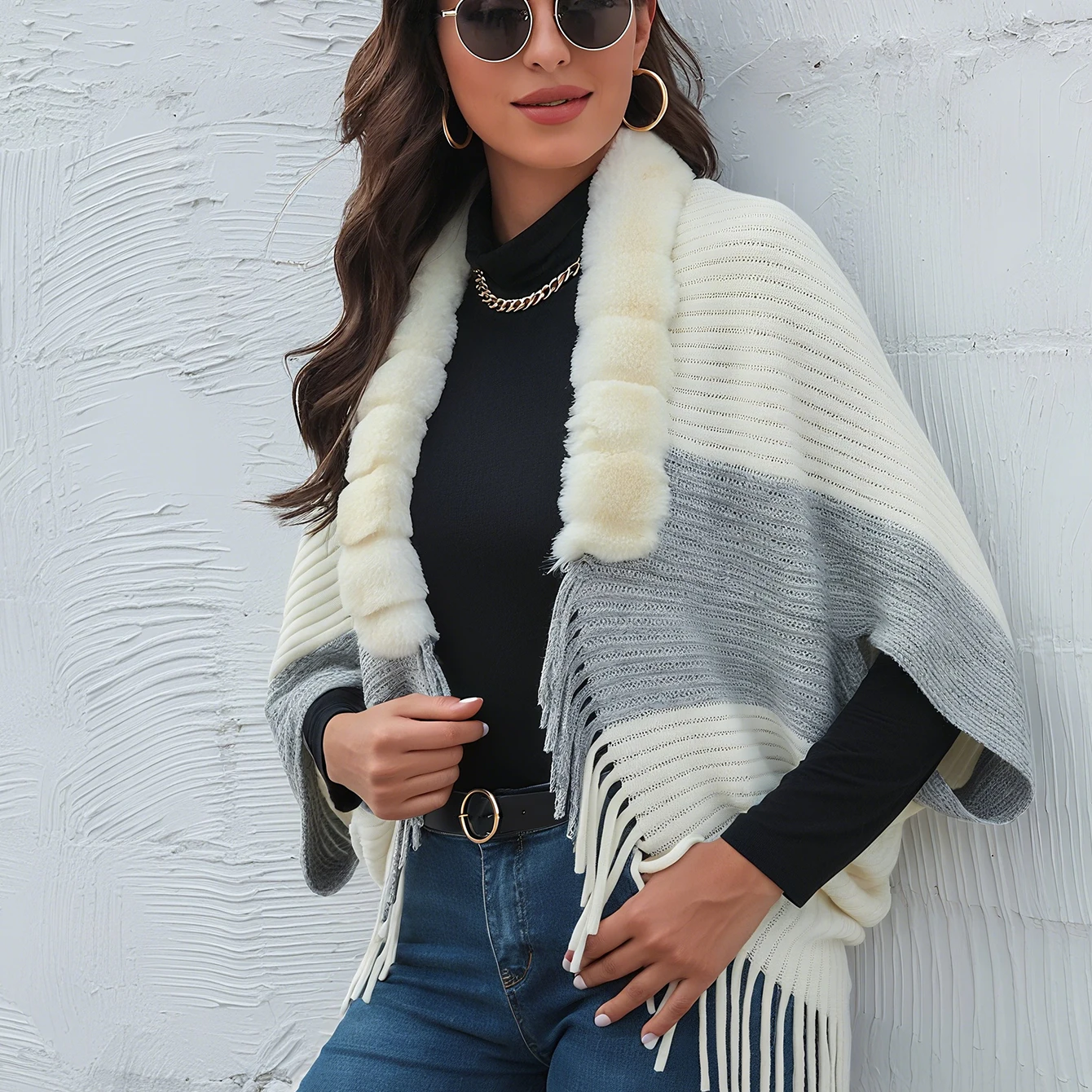 

Модный воротник из искусственного меха, плюшевая шаль, кардиган, накидка, вязаная теплая шаль, весенне-осенний женский свитер, куртка, пальто, накидка