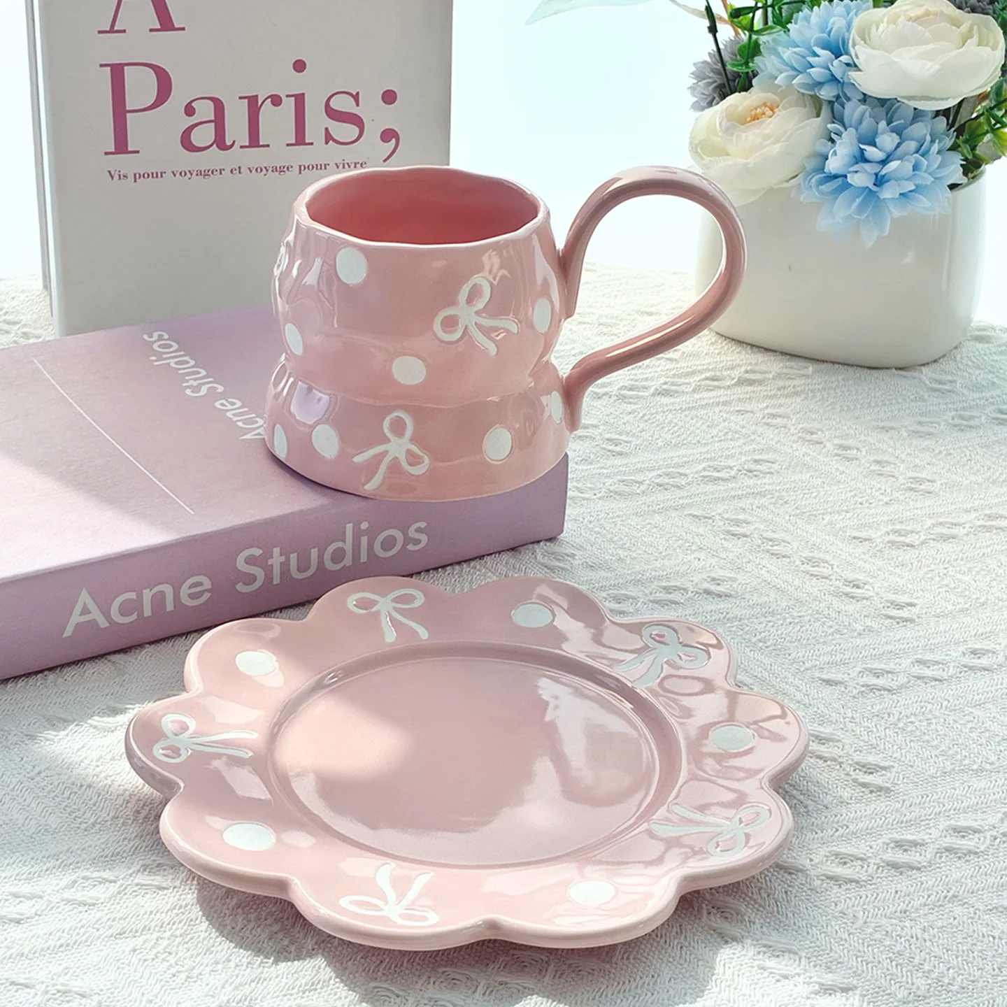 350ml Ceramic Coffee Cups and Saucer Set Bow Patterns Hand Drawn Pink Girl's Large Capacity Cup Flowers Shaped Plate Sets