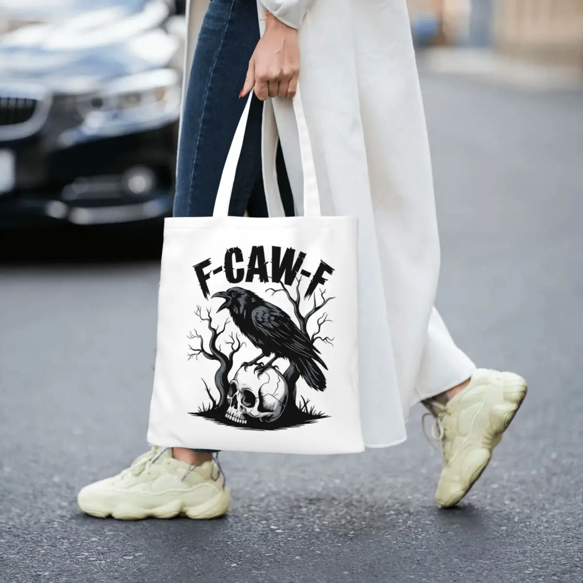 F-Caw-F الأسود الطيور والجمجمة حمل الحقائب النسائية حقيبة يد قماش كلية حقيبة كتف مطبوعة حقيبة تسوق