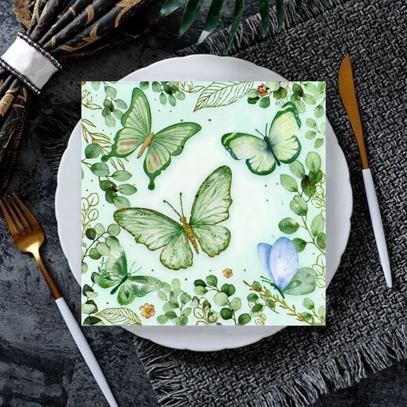 20Pcs/Bag Vintage Green Butterfly Daisy Decoupage Paper Napkins Floral Plant Paper Serviettes for Xmas Birthday Party Tableware