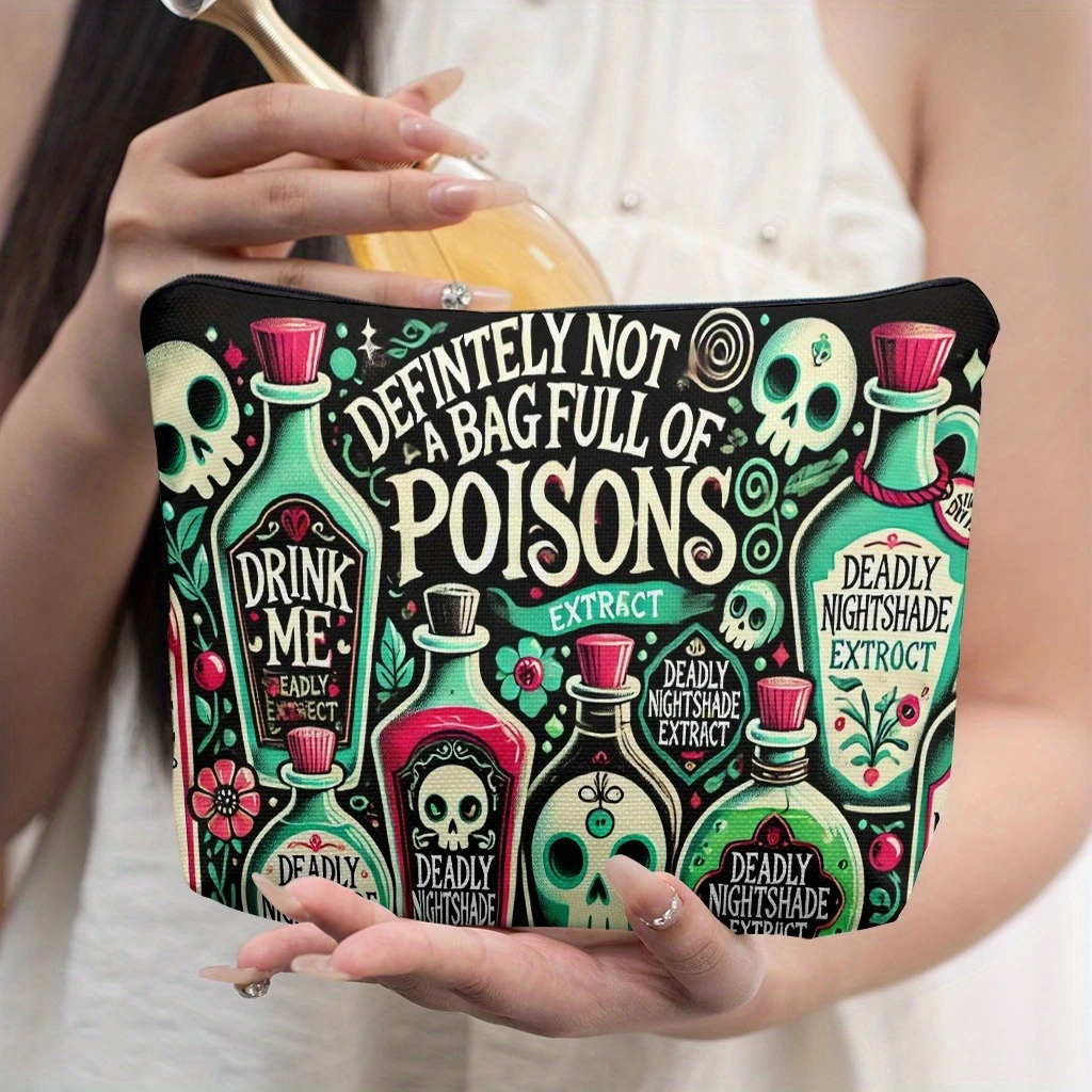 1pc New Plant Poison Drink Design Zippered Makeup Bag, Large Capacity Linen Cosmetic Pouch, Cute Fashion Wallet Makeup Bag