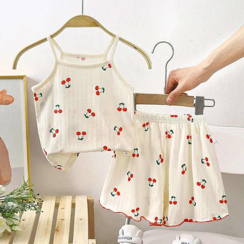 Cartoon Sling Tops Suit Summer Girl\'s All Cotton Pajamas Outfit Full Printed Home Clothes Thin Soft Vest Babies Sleep Clothing