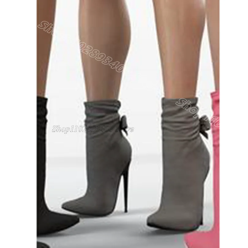 Pleated Bowknot Decor Pointed Toe Boots Solid British Style New Fashion Design for Women Short Boots 2024 Zapatos Para Mujere