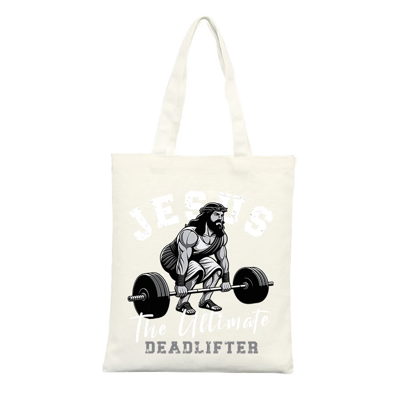 Unisex Religious Figure Weightlifting Canvas Tote Bag with Typography Print, Casual Daily Use and Fitness Enthusiasts