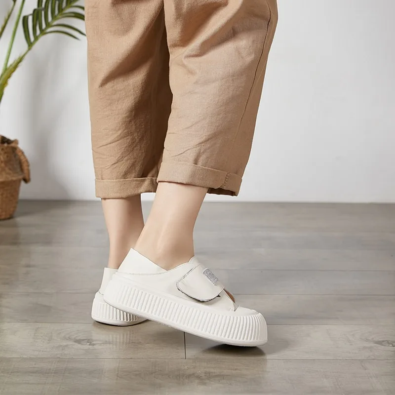 Birkuir Genuine Leather Flat Platform Women Shoes Hook Loop Soft Soles Shoes Round Toe Thick Heel Luxury Casual Boat White Shoes