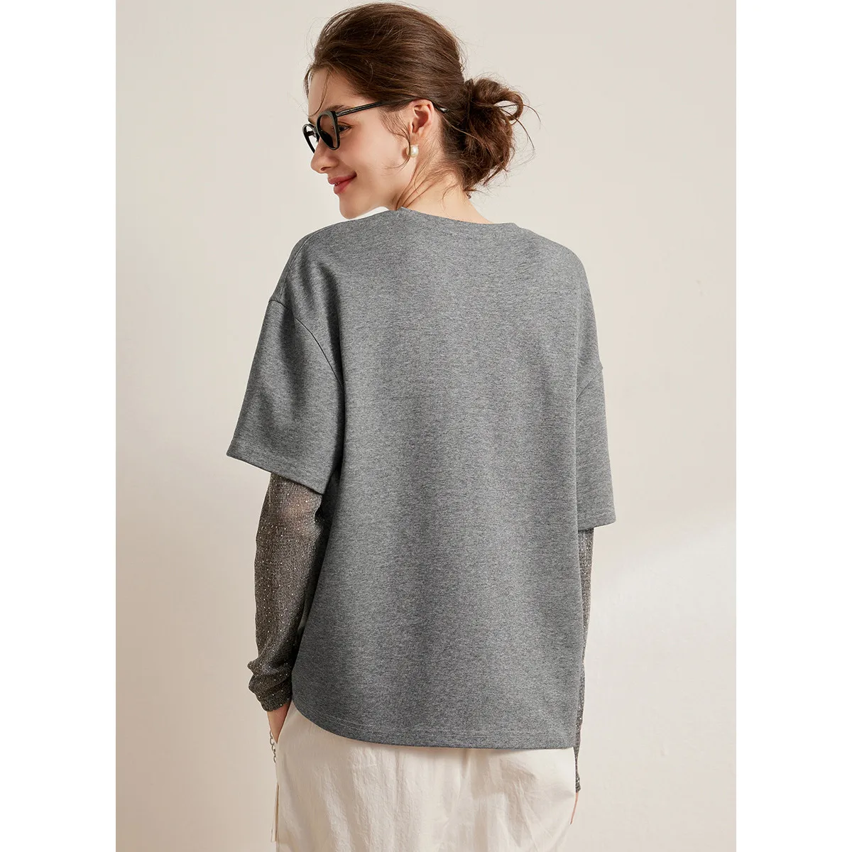 LOUIS YAO 2025 Fake Two Pieces Design T-shirt Casual Round Neck Printed Micro Elastic Loose Women's T-shirt