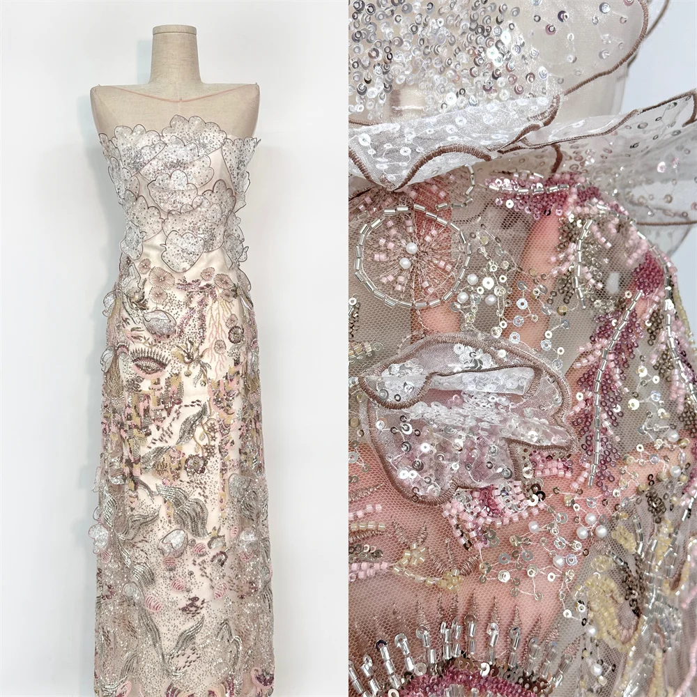 

African Luxury 3D Flower Lace Fabric Beaded Lace 2025 High Quality 3d Nigeria Sequins Net Lace Fabrics for Evening Wedding Dress