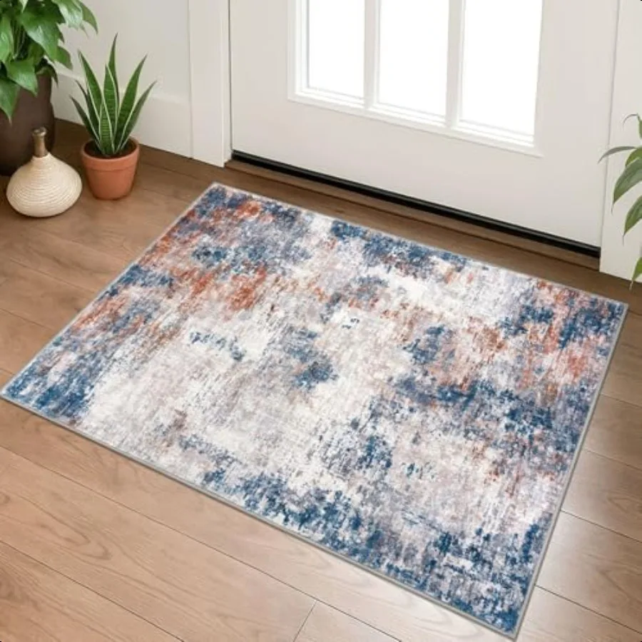 

Modern Abstract Entryway Rug Indoor 2x3 Washable NonSlip Soft Grey Navy Orange Colorful Small Area Rug Kitchen Mat Thin Print F