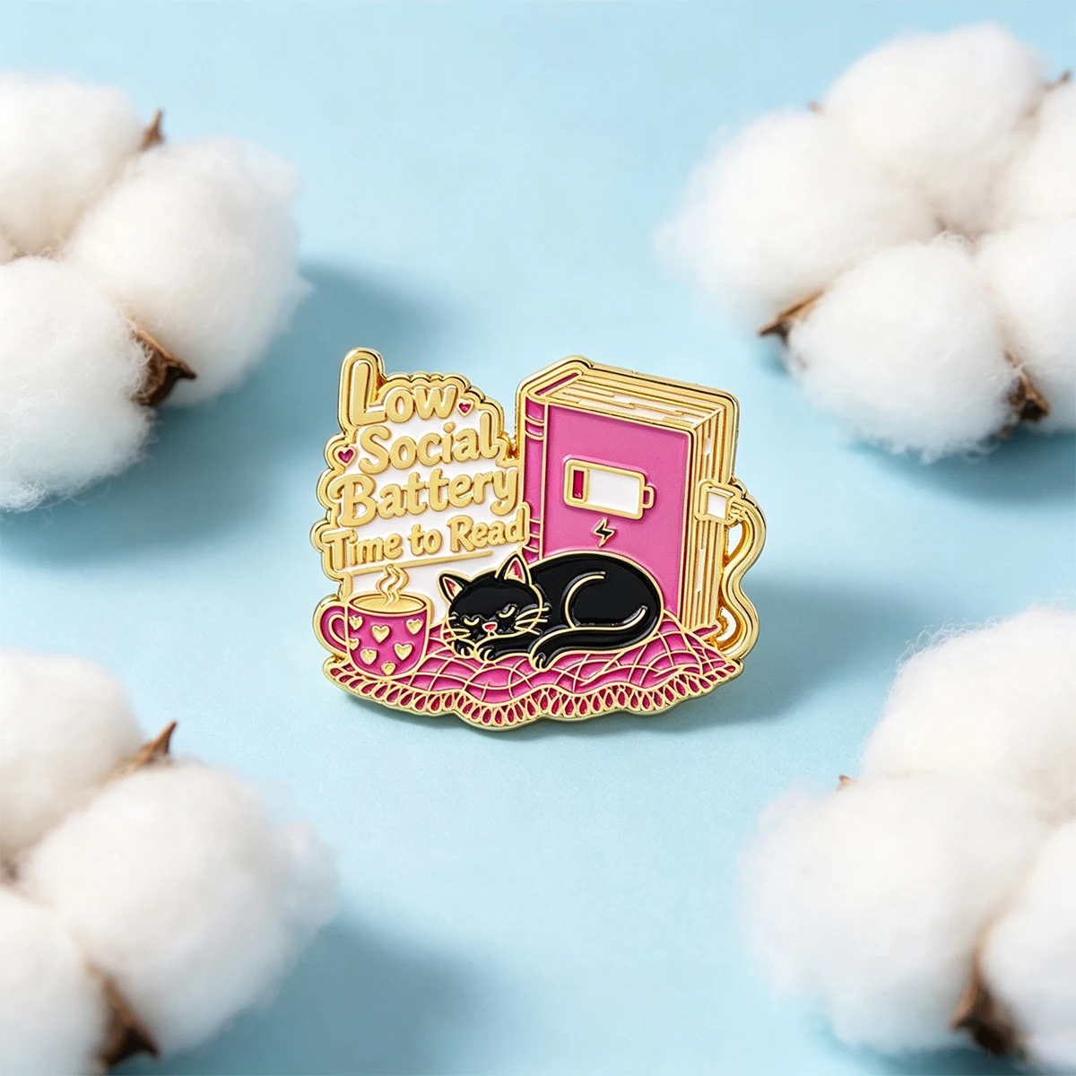 Introvert Reading Enamel Pin Low Social Battery Quote Black Cat Sleeping by Book Mug Brooch Backpack Badge