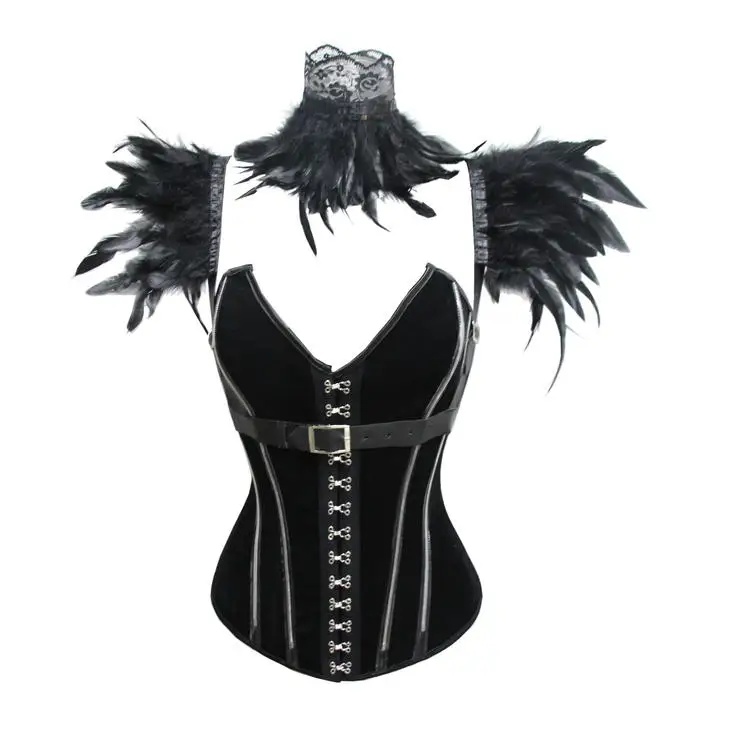 Ensemble moulant en velours Bla, jupe gothique longueur au sol, Punk k scène ow, col en plumes, Costume d'élégance pour femmes