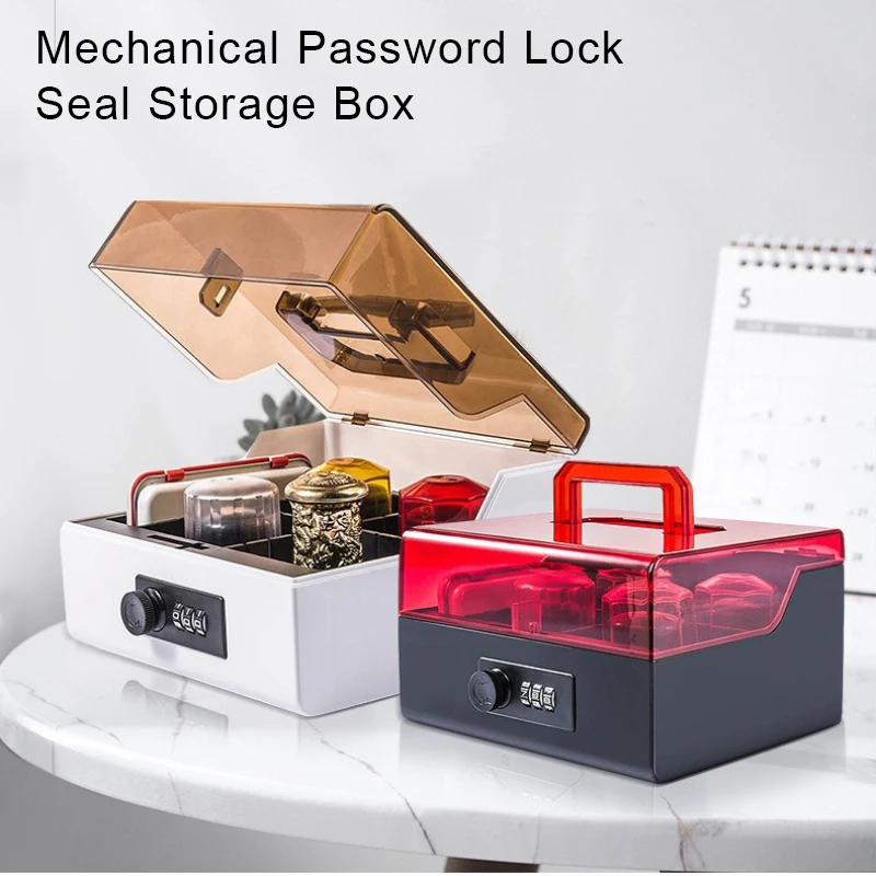 Password Lock Financial Transparent Plastic Company Seal Box, Portable Lockable Storage Box, Office Organize Supplies