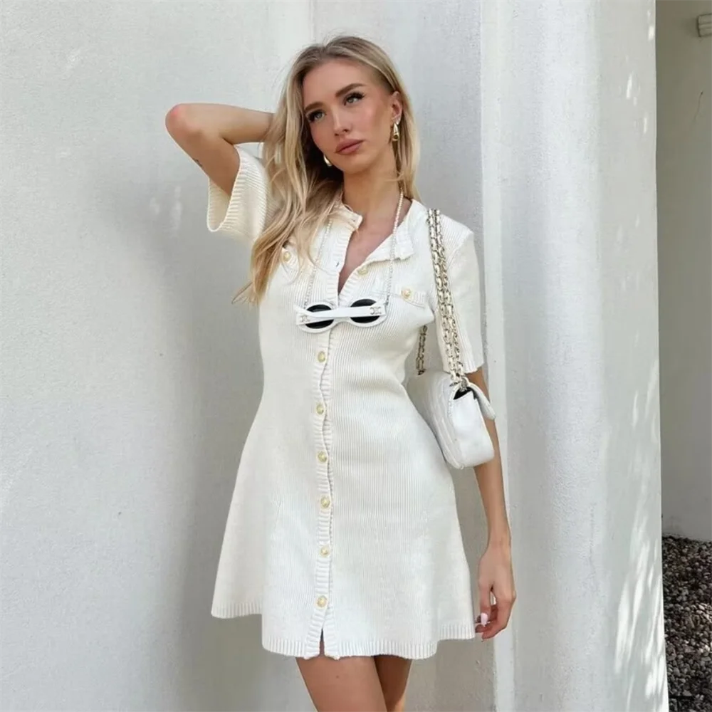 PB&ZA 2024 Spring New Women\'s Fashion and Elegance Slim Fit Versatile Knitted Short Sleeve Button Sweater Dress