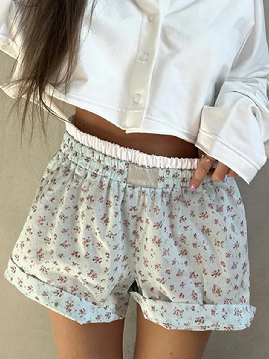 

New Women'S Fashionable Loose Shorts Floral Print High Elastic Waist Shorts Summer Blue Casual Loose Shorts