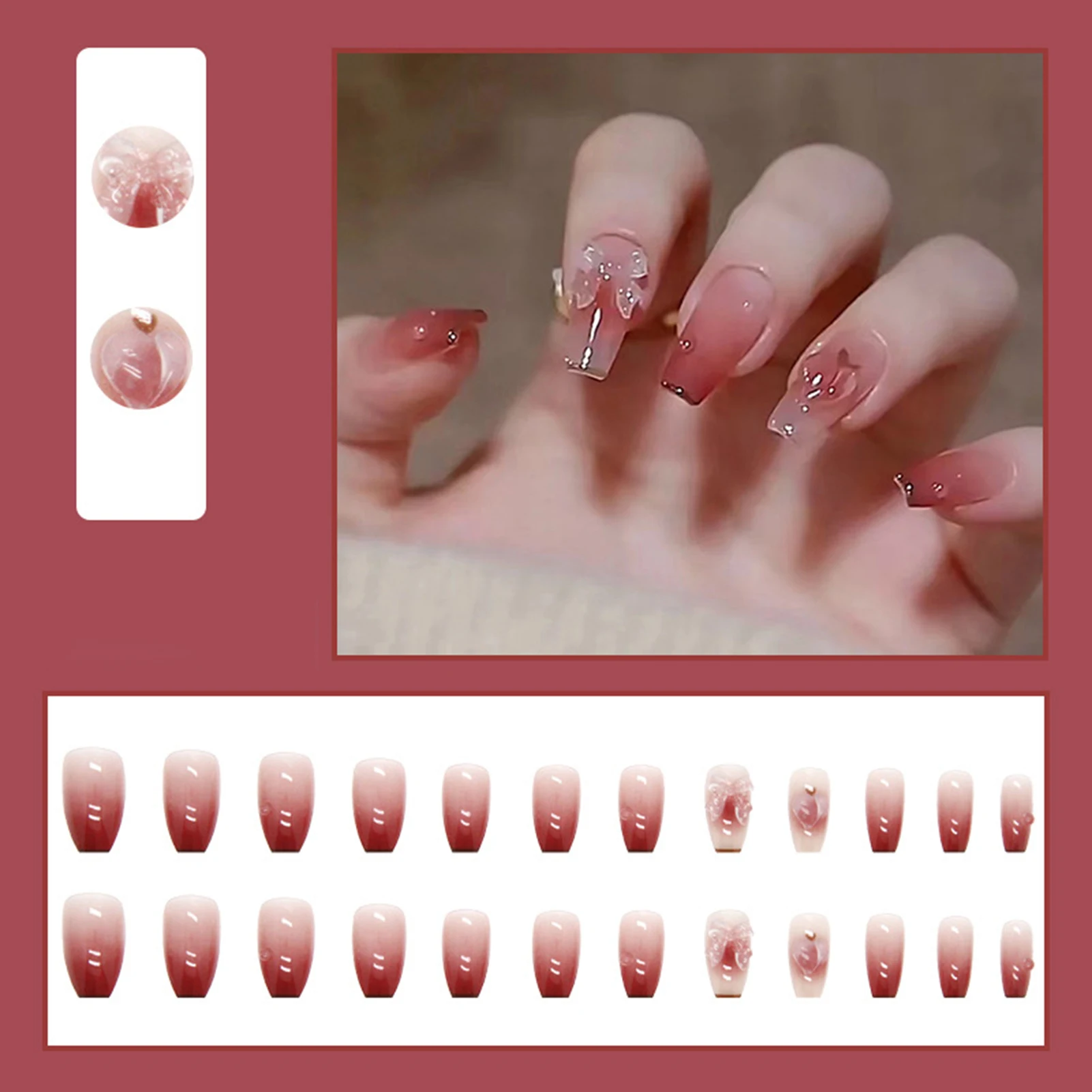24Pcs Almond Press on Nails Gradient Pink Color Changing Fake Nail Press On Nails Artificial Nail Tips For Women False Nails