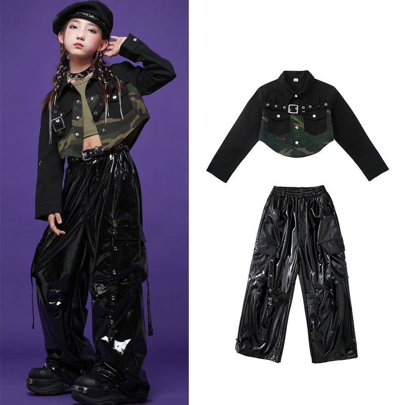 

2025 детские костюмы для современных джазовых танцев для девочек, камуфляжная куртка и кожаные брюки, костюм в стиле хип-хоп, DQS20690
