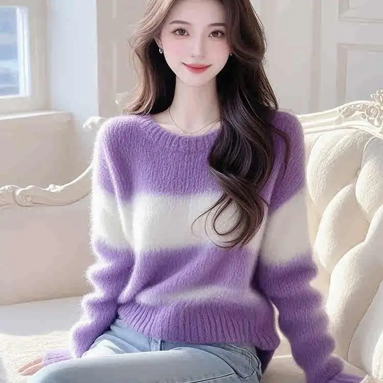

Women's Thickened Loose Knitted Sweater Base Shirt Gradient Color Lazy Style Autumn Winter Crew Neck Pullover Fashion Top E11235