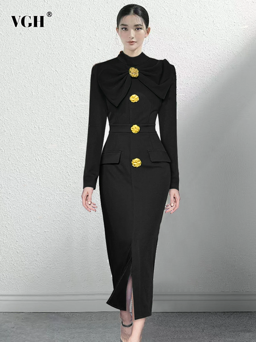 

VGH элегантные тонкие платья с бантом для женщин, водолазка с длинным рукавом и высокой талией, лоскутное металлическое темпераментное платье, женское