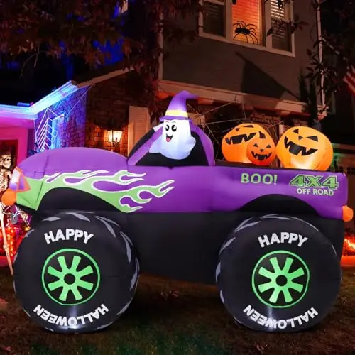 8 FT Long Halloween Inflatables Monster Truck Outdoor Decorations Blow Up Yard Cute Ghost with Pumpkin on Truck Car with