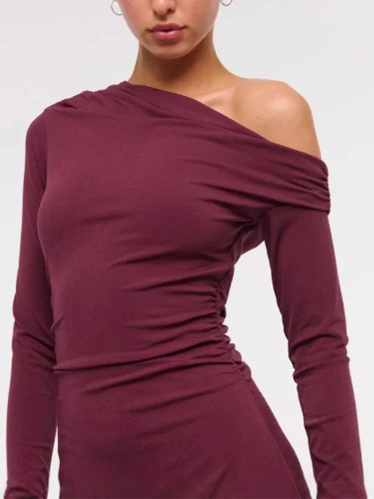 New Loose Sloping Collar Long Sleeved Burgundy Women's Dress Parties Dating Elegant Commuting Style Autumn Dresses
