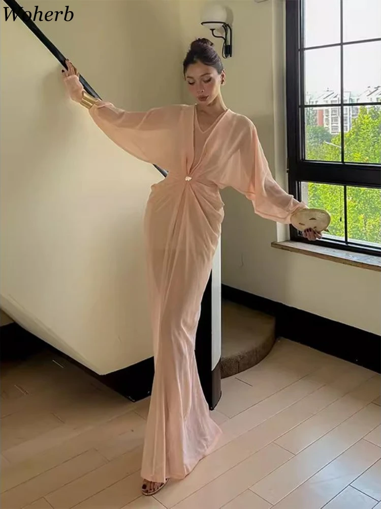 

Solid Temperament Batwing Sleeve Dresses Women Bohemian V Neck Robe Femme 2024 Vestidos De Mujer Tunic A-line Pleated Maxi Dress