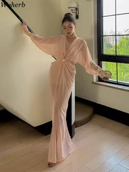 Solid Temperament Batwing Sleeve Dresses Women Bohemian V Neck Robe Femme 2024 Vestidos De Mujer Tunic A-line Pleated Maxi Dress