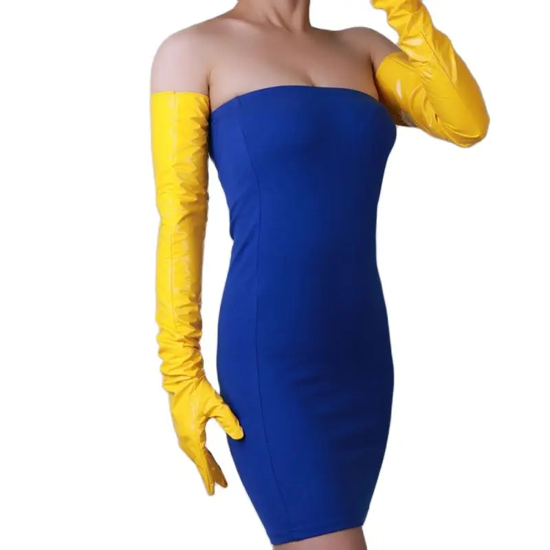 LATEX GLOVES Female Extra Long 70cm Faux Leather Bright Yellow Was Slim Patent Leather Women Gloves WPU347