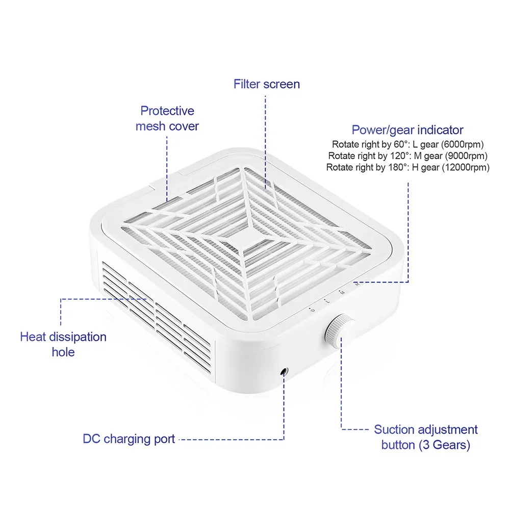 120W Nail Dust Collector Low Noise 12000RPM Turbo Brushless Nail Dust Collector With 2 Reusable Filter Vacuum Fan Dust Extractor