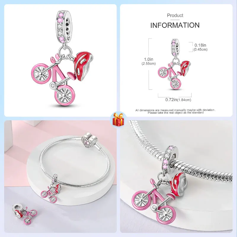 Travel Hobbies Beads 925 Sterling Silver Pastel Road Bike Helmet Charms Bracelets Jewelry Gift