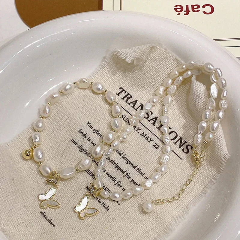 

Baroque Freshwater Pearls Butterfly Pendant Necklaces Bracelet Set Women Girls Pearl Collarbone Chain Fashion Necklace Jewelry