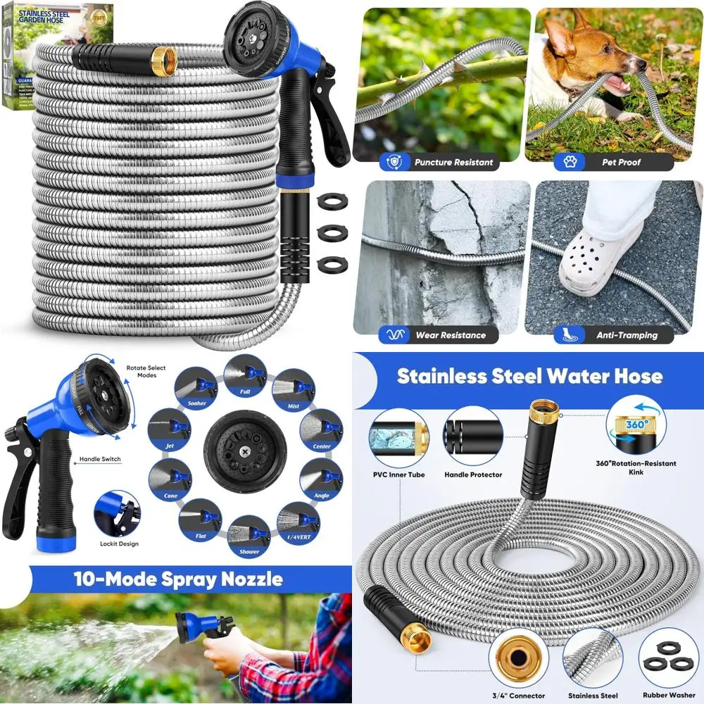 

Stainless Steel 75ft Garden Hose with 10-Mode Spray Nozzle, Lightweight, Kink-Free, Leak-Proof, Durable Metal Water Hose for Out