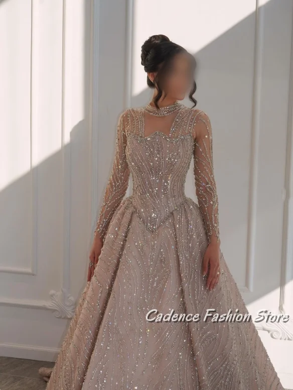 Customized Gorgeous Sparkling Evening Dresses Middle East Women's Chest Hollow Tulle Long Sleeve Rhinestones A-Line Dresses Luxu