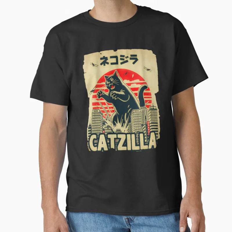 

Retro Catzilla Tee - Hilarious Kitten Funny King of the meowsters 80s Monster Anime t shirt gift for cat lover large size tops